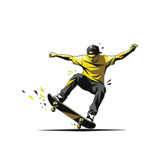 Obraz premium Stylized low poly vector illustration of a male skateboarder in a yellow t-shirt and black cap performing a jump trick mid-air isolated on white background for design use.