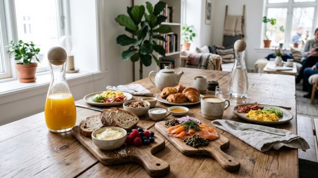 A rustic breakfast table spread featuring plates of croissants, smoked salmon, bowls of cereal, fresh artisan bread, and a glass of orange juice