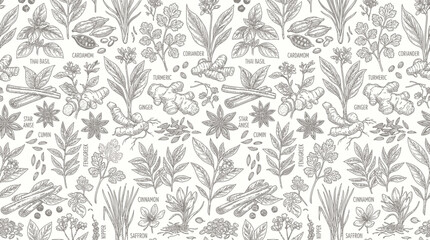 Fototapeta premium Gray botanical pattern with various plants.