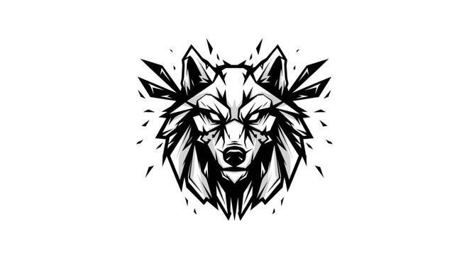 Stylized geometric wolf head black and white illustration.