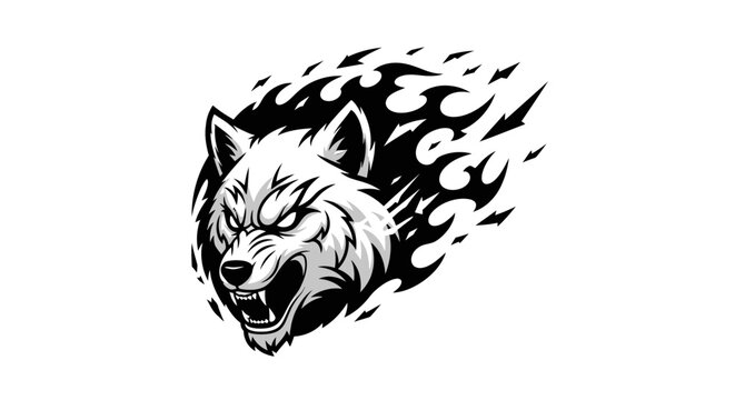 Snarling wolf head with flaming dynamic fur texture.