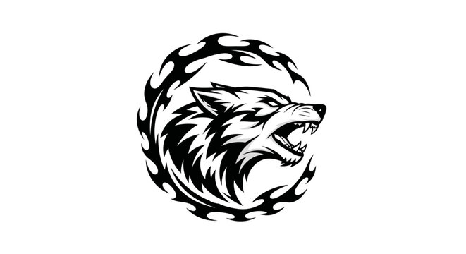 Snarling wolf head inside tribal circle frame design.
