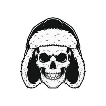 Black and white vector illustration of a human skull wearing a winter fur-lined ushanka trapper hat, isolated on white background, detailed anatomical facial features with textured fur.