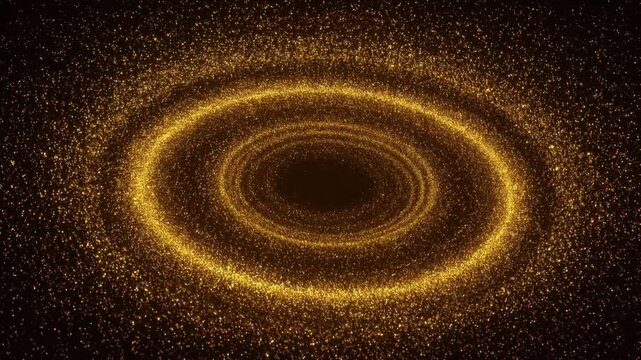 Abstract glowing golden particle vortex spiral swirl light effect with dynamic sparkling energy trail on dark background in circular motion pattern