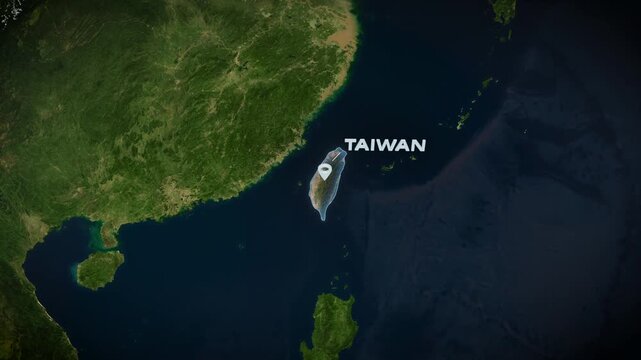 Macro space to micro topographical map zoom into Taiwan featuring a glowing blue territorial boundary, animated GPS drop pin, and typography for Asian geopolitical broadcast graphics.
