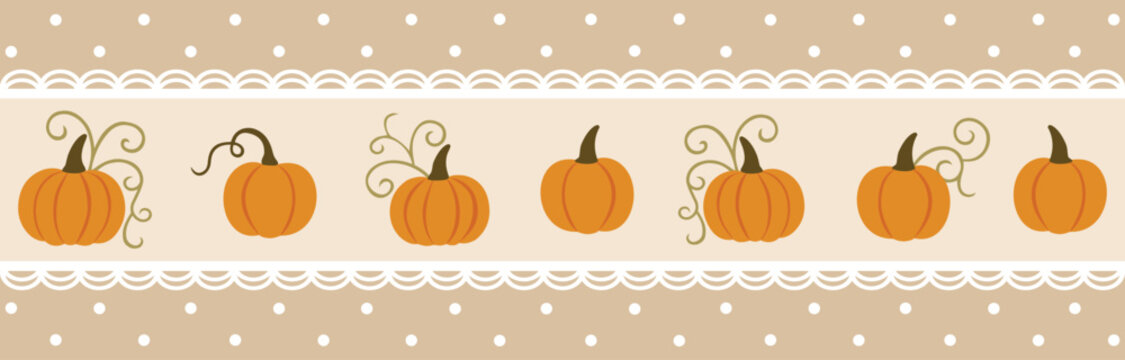 Rustic Pumpkin Stripe Seamless Border Pattern with Lace Trim and Polka Dots on Neutral Beige Background