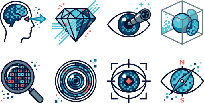 Digital Intelligence and Data Analytics Collection with AI Vision, Pattern Recognition, Targeting, Data Mining, and Technology Vector Illustrations