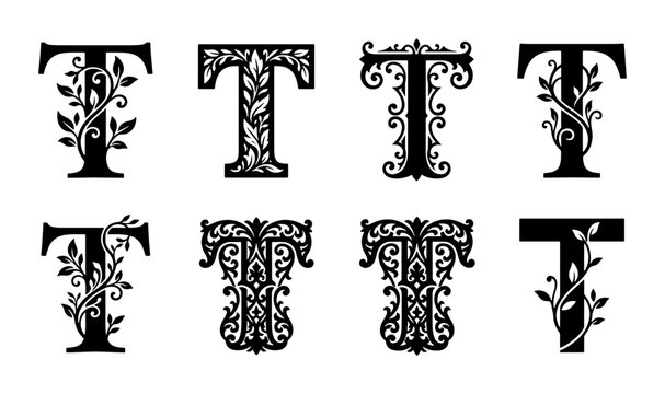 Elegant Monogram 'T' Vector Set: Ornate Floral and Decorative Letter T Designs