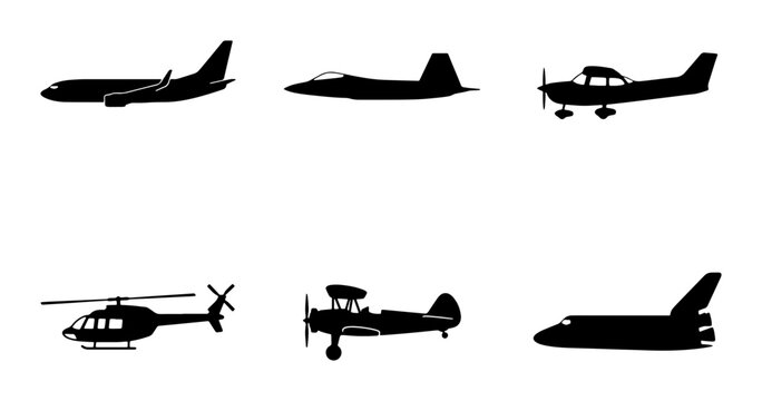 Diverse Aircraft Silhouettes Collection: Jets, Helicopters, Planes, Space Shuttle Icons