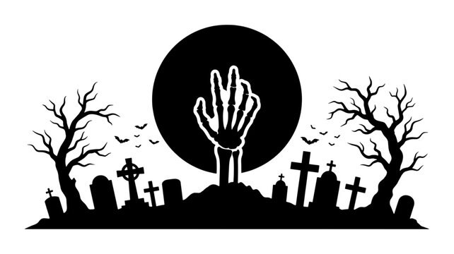 Spooky Halloween Zombie Hand Rising from Graveyard Silhouette, Full Moon, Creepy Trees, Bats