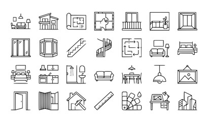 27 Interior Design and Architecture Outline Icon Set Vector EPS 10