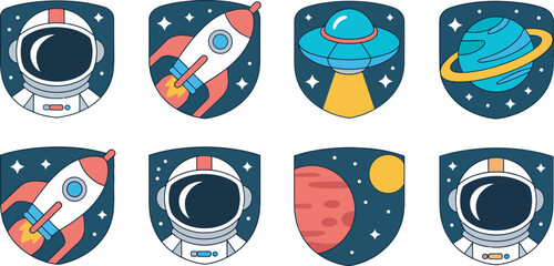 Set of space badges with astronaut helmet, rocket, UFO, and planet, colorful vector collection representing cosmic exploration, astronomy, and sci-fi adventure themes for stickers, logos,  © vector gelary