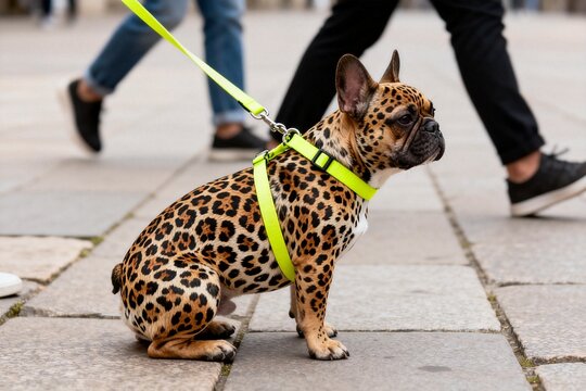 Leopard-Print French Bulldog on a City Walk