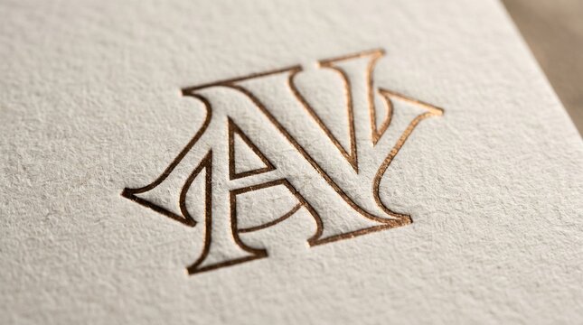 Elegant rose gold monogram logo on textured paper, luxury letter AV emblem debossed on white cardstock, premium branding stationery mockup