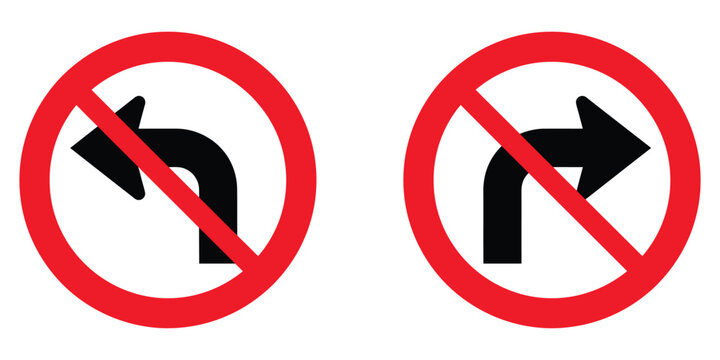 No Turn Traffic Sign Vector Set Featuring No Left Turn and No Right Turn Symbols, Road Safety Icons Isolated on Transparent Background for Traffic Regulation and Highway Control Concepts