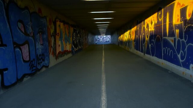 Dolly shot moving through a long, empty urban pedestrian tunnel with walls covered in colorful graffiti, illuminated by ceiling lights and a sliver of warm sunlight at sunset or sunrise