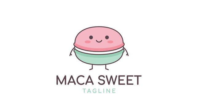 Cute pink macaron mascot logo for bakery or sweet shop.