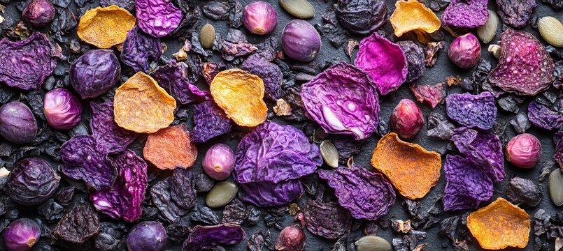 Vibrant Dehydrated Cabbage Chips with Curled Brittle Texture, Colorful Display, and Soft Lighting