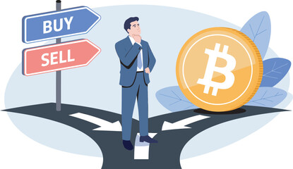 Thinking businessman stands at four-way road intersection with buy and sell signs next to large golden bitcoin symbol, modern vector illustration representing cryptocurrency trading decisions,  © vector gelary