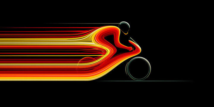 A stylized illustration of a cyclist in motion, depicted with flowing lines of fiery orange and yellow against a dark background, symbolizing speed and dynamism