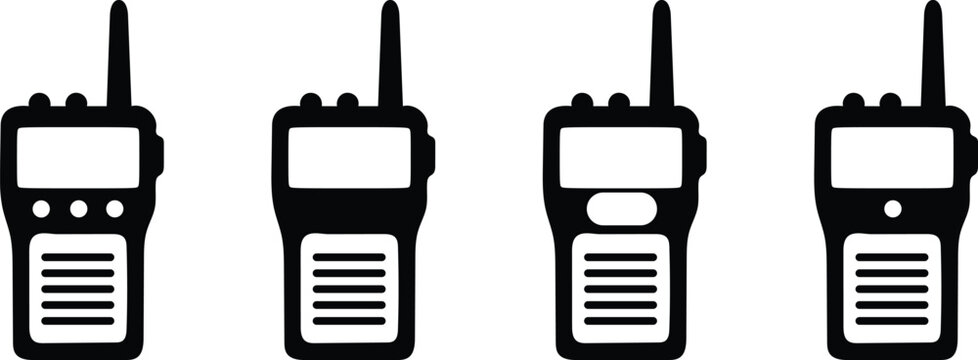 Walkie Talkie Radio Vector Icon Set, Two Way Communication Device Silhouette Collection, Portable Transceiver Equipment Illustration