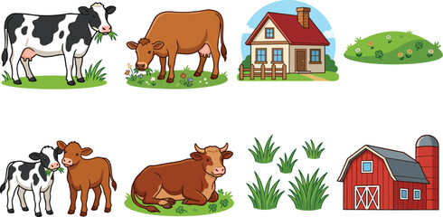 Fototapeta premium Farm and Dairy Collection with Cows, Barn, Farmhouse, Pasture Grass, and Rural Agriculture Vector Illustrations