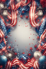 Fototapeta premium Elegant Independence Day Background with Fireworks Patriotic Balloons and Ribbon Border