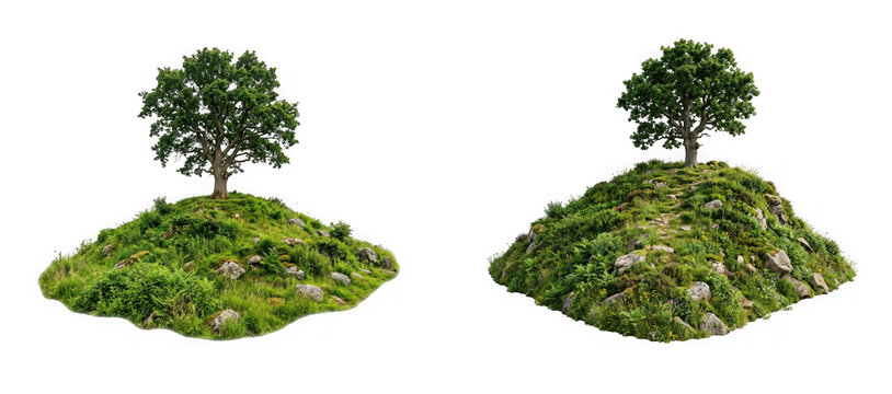 Two small grassy hills with green trees isolated on transparent background