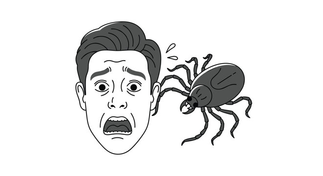 Terrified man face looking at a large tick insect representing the fear of parasite infestation and related diseases.
