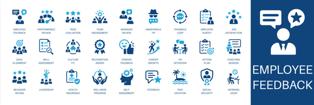 Employee feedback and evaluation solid icon set. Featuring performance review, team engagement, employee survey, goal alignment, and career growth. Editable vector glyphs for hr policy and strategy.