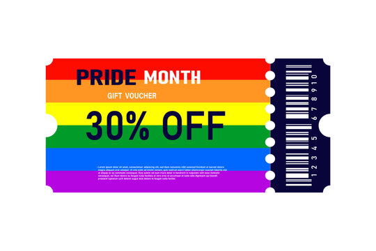 Pride Month Sale Special Offer -30% voucher coupon, paper cut out rainbow pride flag. Vector Illustration.