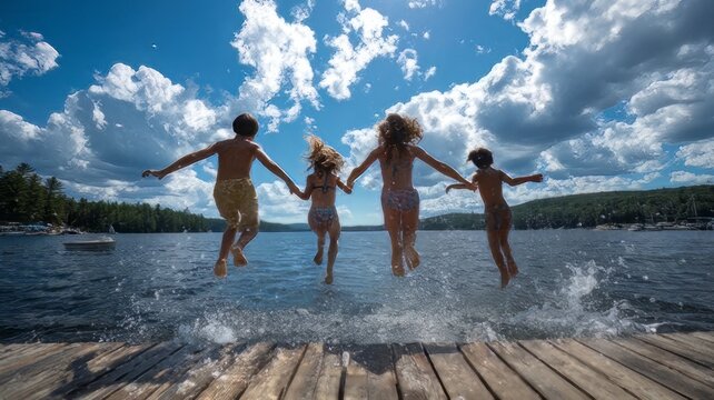 Children jumping off a wooden pier into a lake, group of young people jumping in water, group of friends jumping on the water