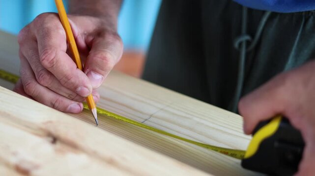 Close-up of a craftsman marking wood with a pencil in a workshop. Male carpenter's hands measuring a wooden plank with a yellow tape measure. Slow motion 4K footage.