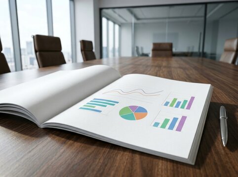 An open report displaying various colorful charts lies on a wooden table in a modern boardroom, suggesting a business meeting setting.