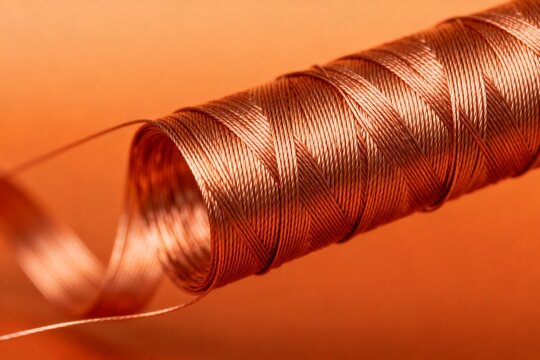 Close-up of Copper Wire Spool on Warm Orange Background