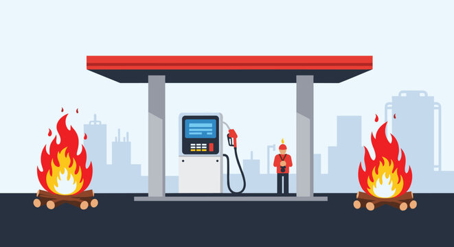 Emergency scene at a city gas station shows a fire breakout with flames rising from wooden logs near a fuel pump under an urban skyline.