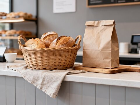 Fresh bread in basket with paper bag on bakery counter