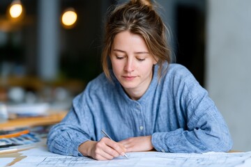 Obraz premium Focused young woman working on architectural plans in a bright office environment