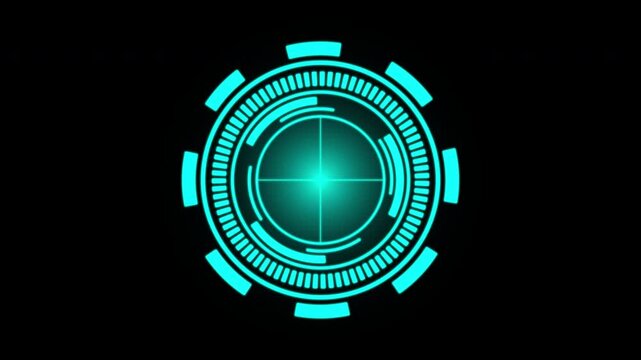 HUD weapon interface targeting reticle on black background for futuristic tech concepts, Cyan digital target reticle for precision tracking and futuristic aiming system interface design. 4K video