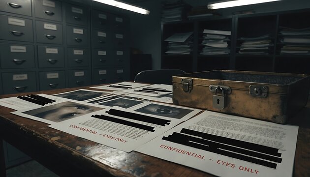 A dimly lit intelligence archive desk covered in heavily redacted briefing papers, where thick black ink bars obscure entire paragraphs, stamped &ldquo;CONFIDENTIAL &ndash; EYES ONLY&rdquo; in faded crimson ink