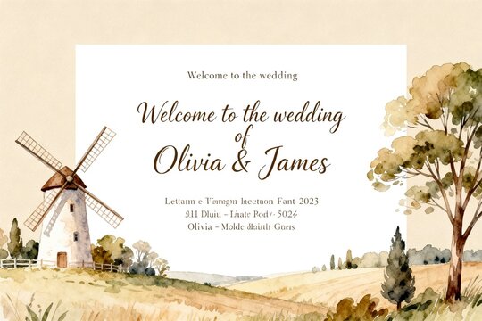 Watercolor Wedding Invitation with Windmill and Tree