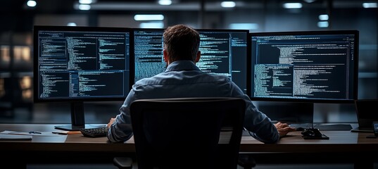 Fototapeta premium Software engineer analyzing data on multiple screens with coding and programming tools at work