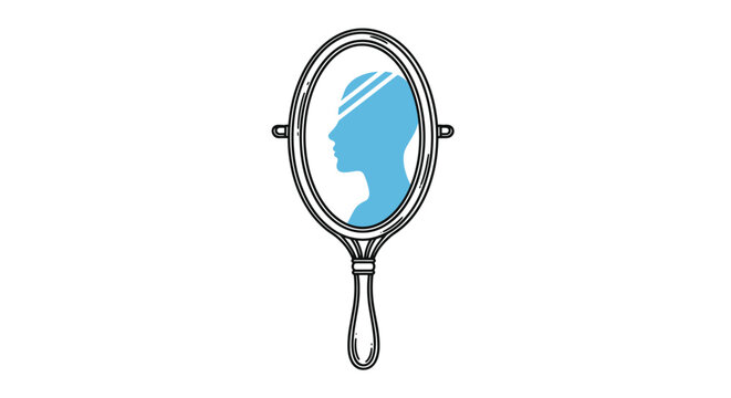 Classic handheld mirror reflects a blue silhouette of a human head representing self-reflection and personal identity in an illustration.