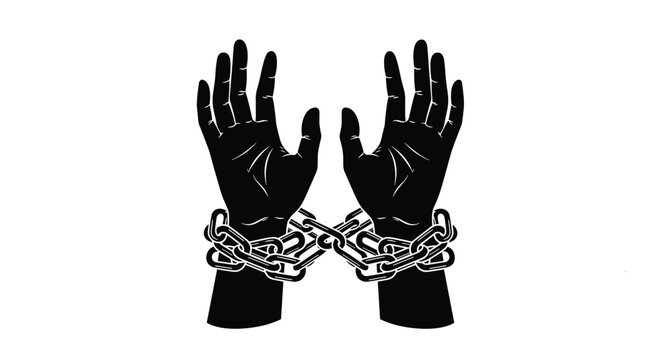 Pair of black hands are bound together at the wrists with heavy metal chains representing captivity and lack of freedom in a graphic.