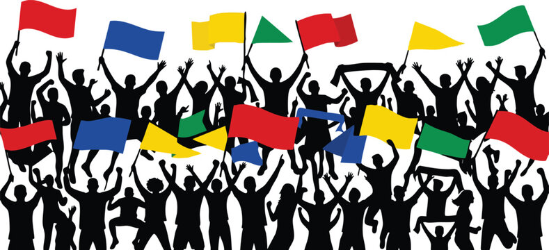 People Holding World Flags Together in Unity and Teamwork Vector Silhouette Illustration