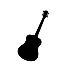 Naklejka premium Black silhouette guitar icon - Simple black silhouette of an acoustic guitar with visible strings and neck, presented as a clean and modern icon.