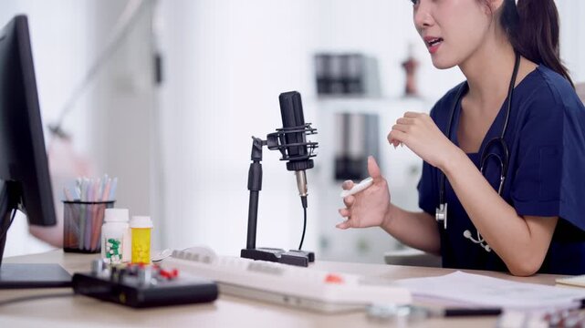 Young Asian female healthcare professional recording medical podcast with studio microphone gesturing expressively while discussing health topics at bright