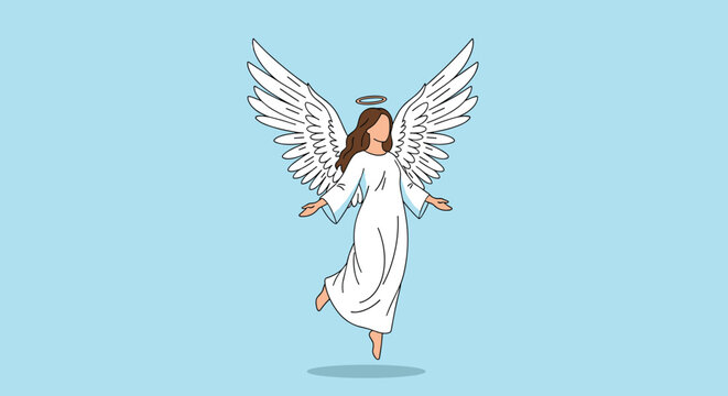 Graceful celestial angel with large white feathered wings and golden halo floating serenely in mid air against soft pastel blue background.