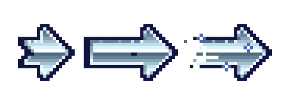Retro chrome vector arrows pixel art. Digital y2k illustration of pixelated cursors with metallic pattern and glitches. 8-bit video game vintage style.