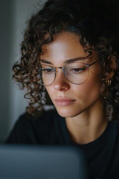 Woman with curly hair wearing glasses looking at digital screen. Student or professional working on remote project. Focused young lady studying online data in home office environment.